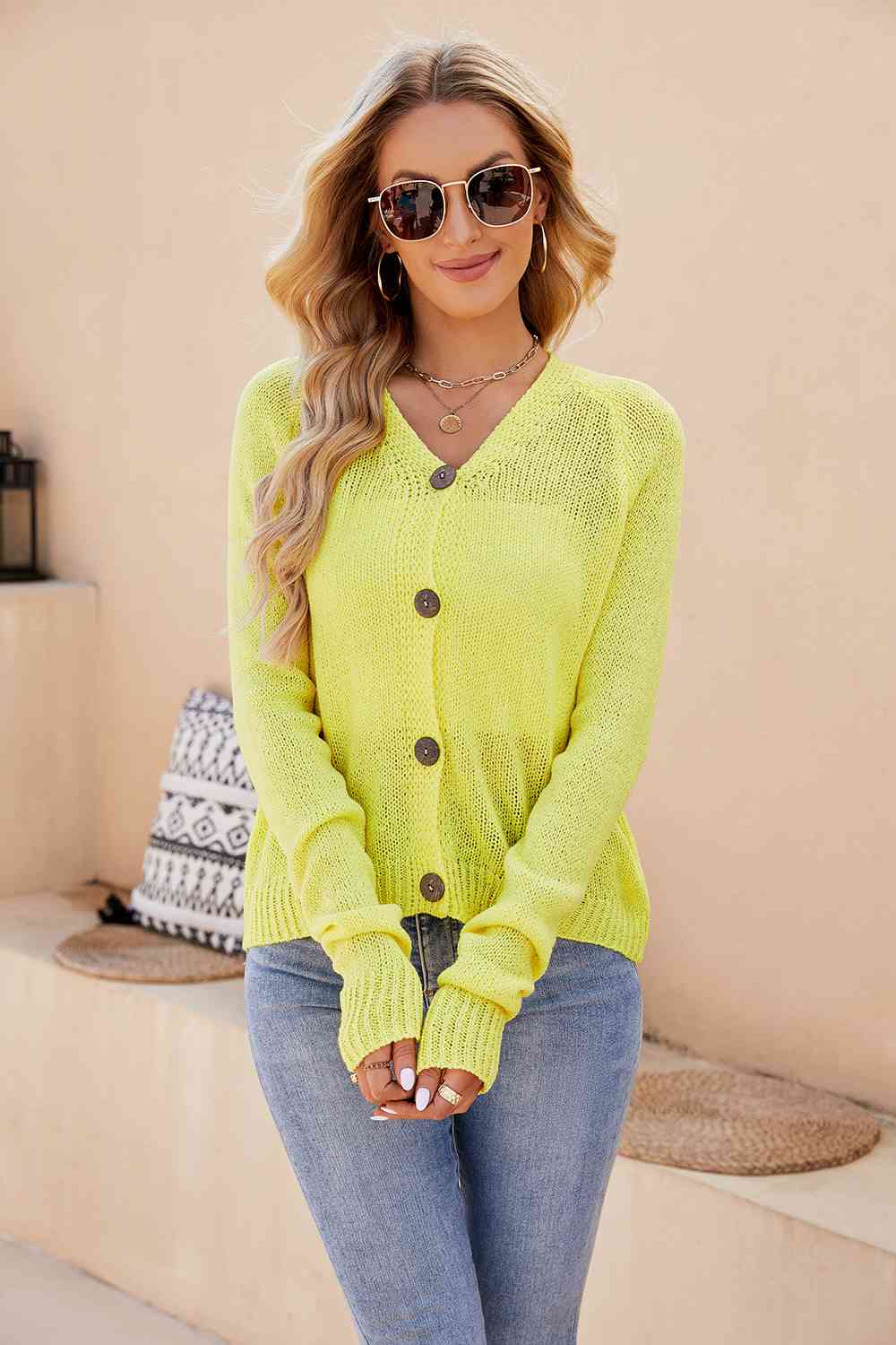 Button Up V-Neck Long Sleeve Cardigan - Trendsi - Flyclothing LLC