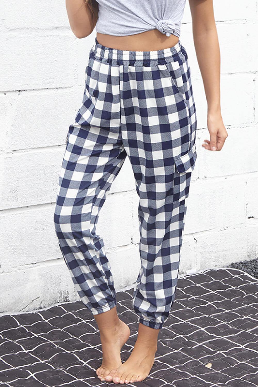 Plaid Elastic High Waist Cargo Pants - Trendsi