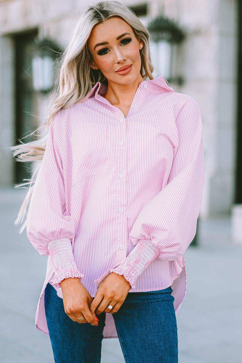Striped Lantern Sleeve Collared Shirt - Trendsi - Flyclothing LLC