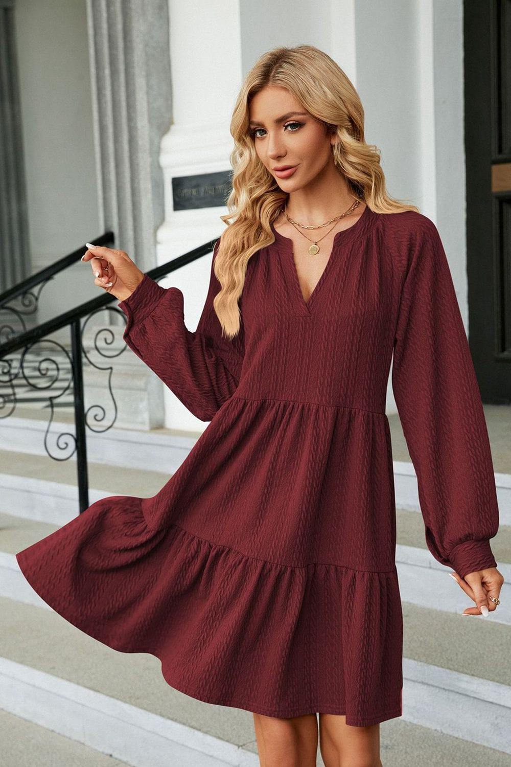 Notched Neck Long Sleeve Mini Dress - Trendsi