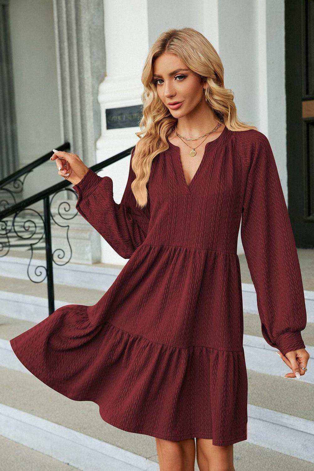 Notched Neck Long Sleeve Mini Dress - Trendsi - Flyclothing LLC