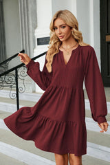 Notched Neck Long Sleeve Mini Dress - Trendsi