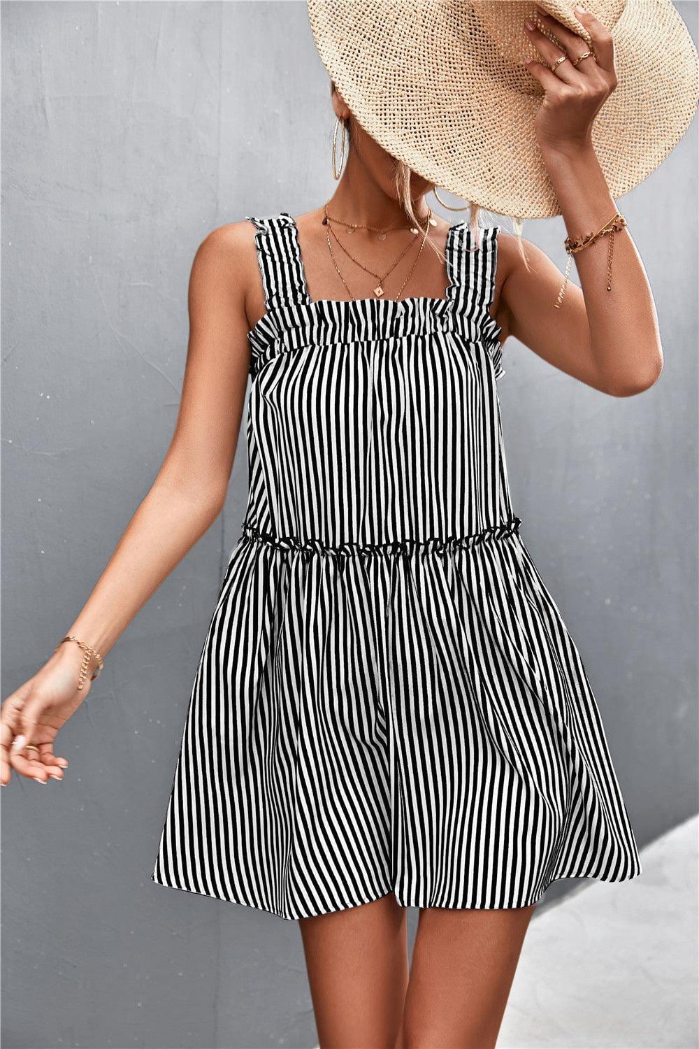 Striped Frill Trim Square Neck Dress - Trendsi