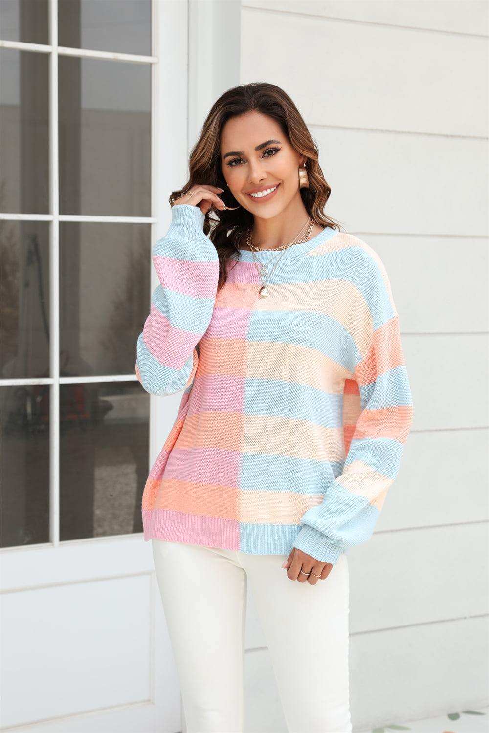 Round Neck Long Sleeve Color Block Dropped Shoulder Pullover Sweater - Trendsi - Flyclothing LLC