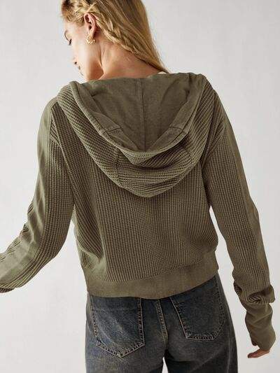 Waffle-Knit Dropped Shoulder Hooded Jacket - Trendsi - Flyclothing LLC