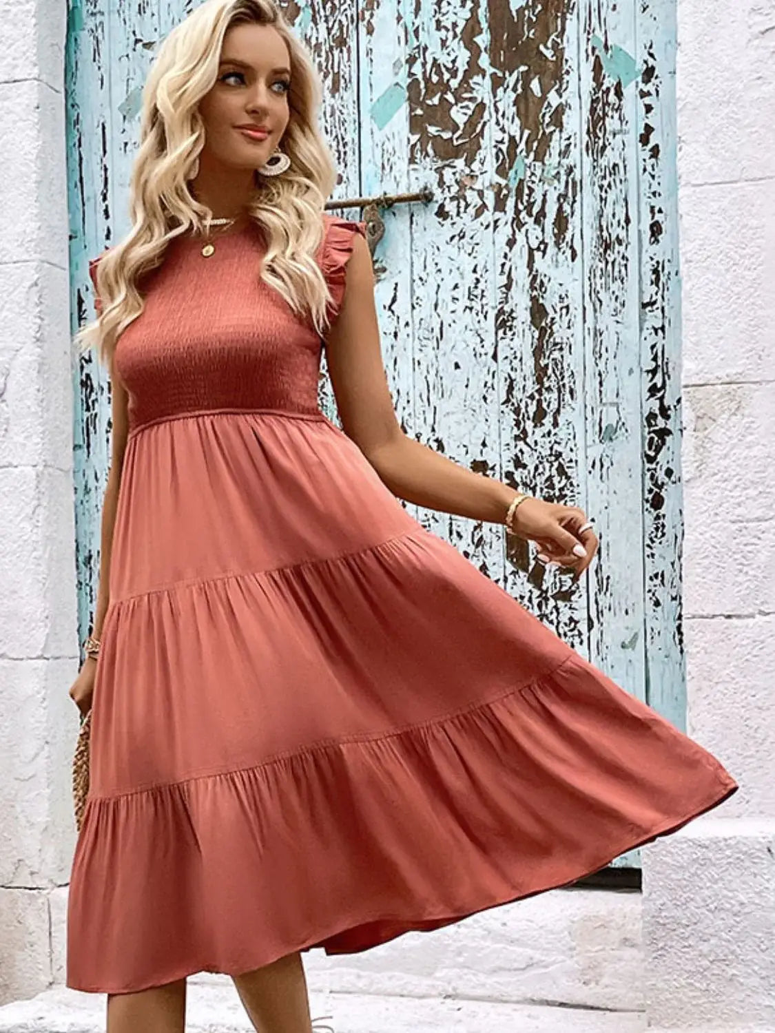 Smocked Round Neck Tiered Dress - Trendsi - Flyclothing LLC