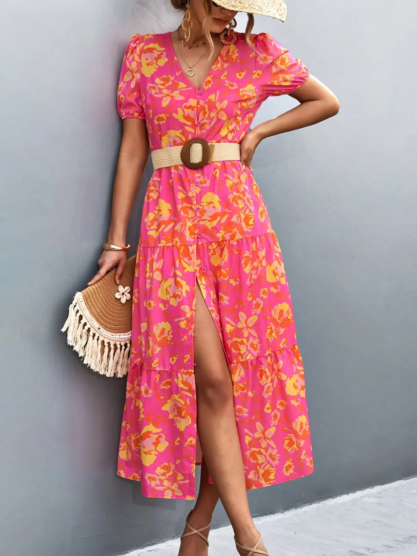 V-Neck Short Sleeve High Slit Midi Dress - Trendsi - Flyclothing LLC