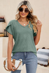 Eyelet V-Neck Petal Sleeve T-Shirt - Trendsi - Flyclothing LLC