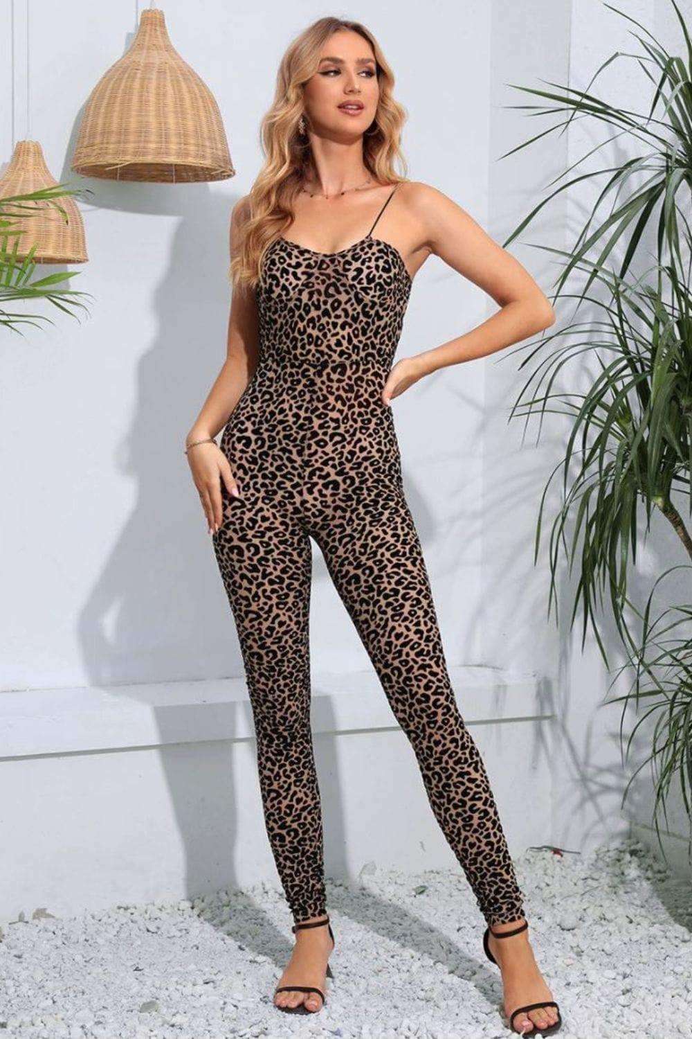 Leopard Spaghetti Strap Skinny Jumpsuit - Trendsi - Flyclothing LLC