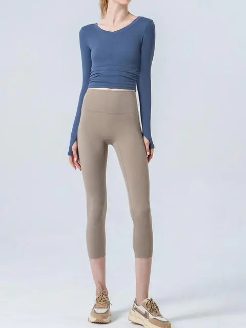 Wide Waistband Cropped Sports Leggings - Trendsi - Flyclothing LLC