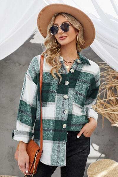 Plaid Button Up Dropped Shoulder Jacket - Trendsi - Flyclothing LLC