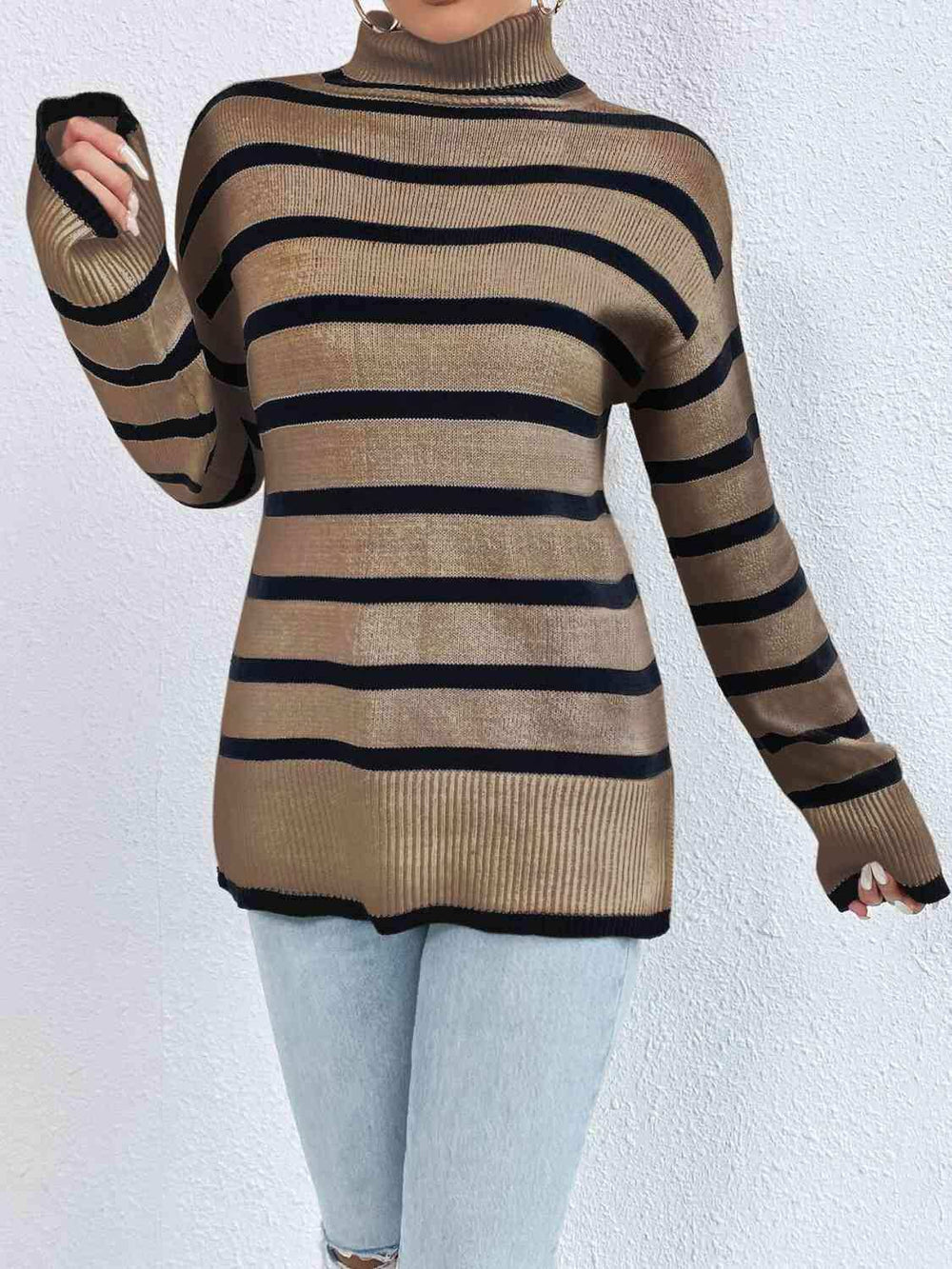 Striped Turtleneck Drop Shoulder Sweater - Trendsi - Flyclothing LLC