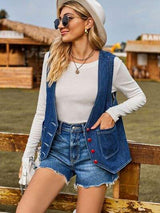 Pocketed Button Up Sleeveless Denim Jacket - Trendsi - Flyclothing LLC
