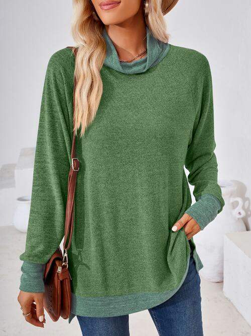 Contrast Mock Neck Long Sleeve T-Shirt - Trendsi - Flyclothing LLC