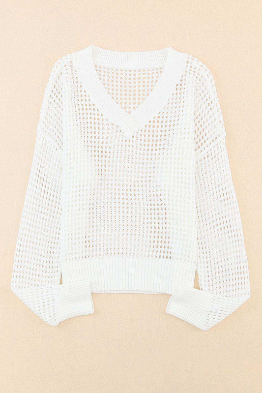 Openwork V-Neck Dropped Shoulder Knit Top - Trendsi - Flyclothing LLC