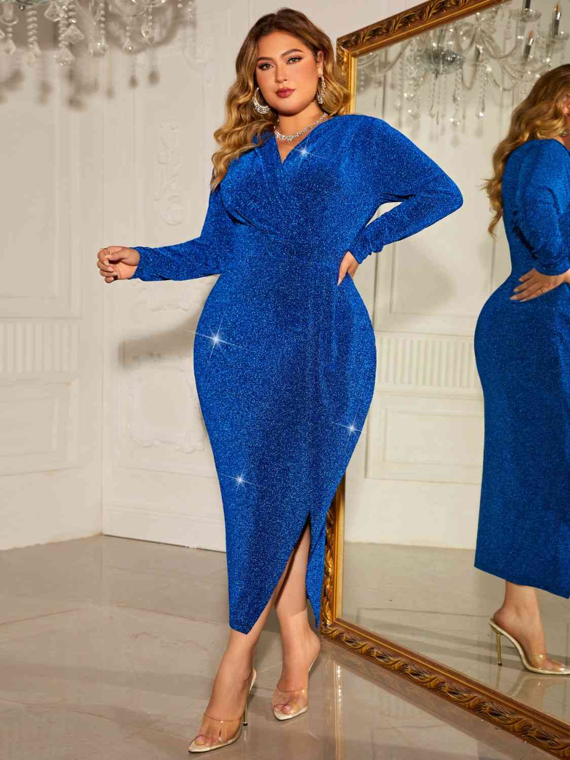 Plus Size Surplice Neck Slit Dress - Trendsi - Flyclothing LLC