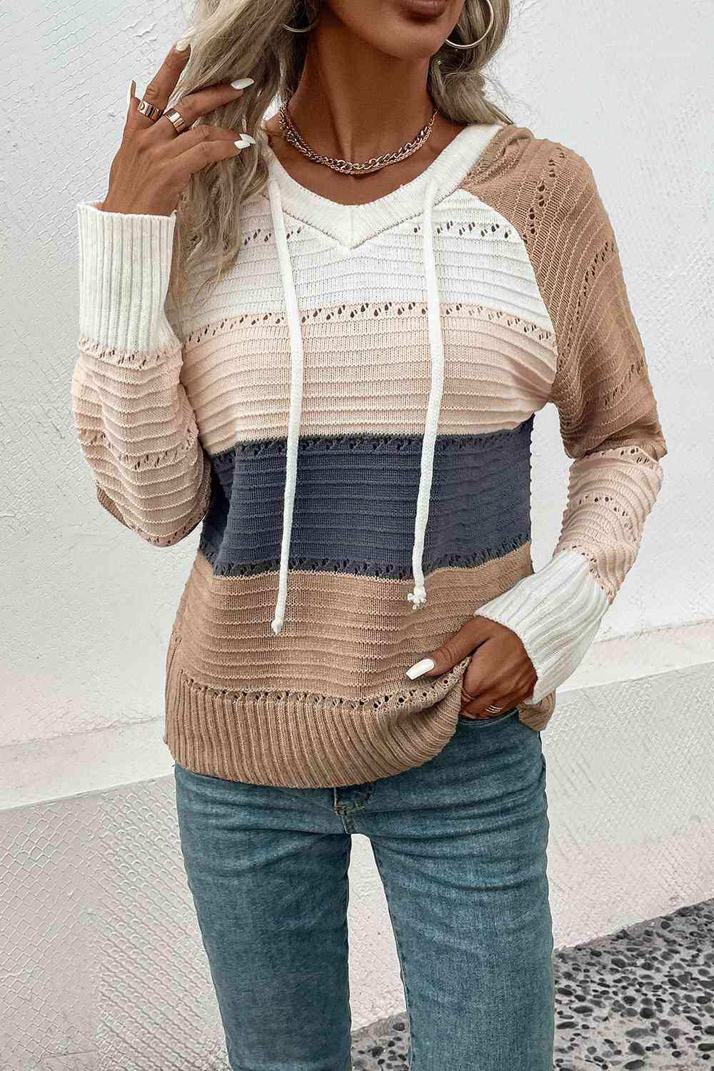 Color Block Drawstring Hooded Sweater - Trendsi - Flyclothing LLC
