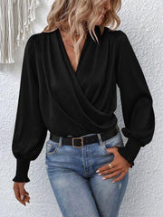 Surplice Smocked Lantern Sleeve Blouse - Flyclothing LLC