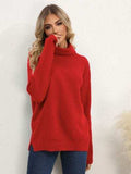 Slit Turtleneck Dropped Shoulder Sweater - Trendsi - Flyclothing LLC