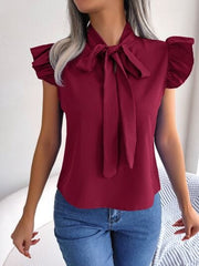 Tie  Neck Cap Sleeve Blouse - Trendsi