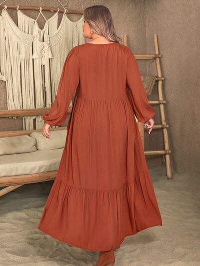 Plus Size Ruffled V-Neck Balloon Sleeve Dress - Trendsi - Flyclothing LLC