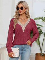 Lace Detail V-Neck Ribbed Blouse - Trendsi - Flyclothing LLC