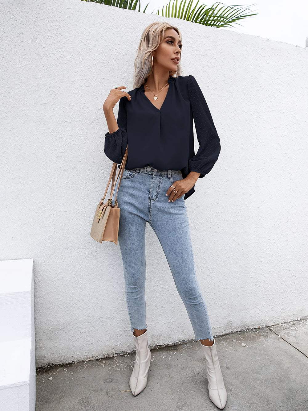 Swiss Dot Frill Trim Puff Sleeve Blouse - Trendsi - Flyclothing LLC