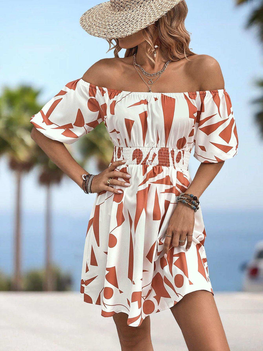 Printed Off-Shoulder Smocked Waist Dress - Trendsi - Flyclothing LLC