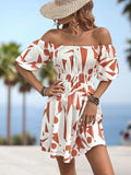 Printed Off-Shoulder Smocked Waist Dress - Trendsi - Flyclothing LLC