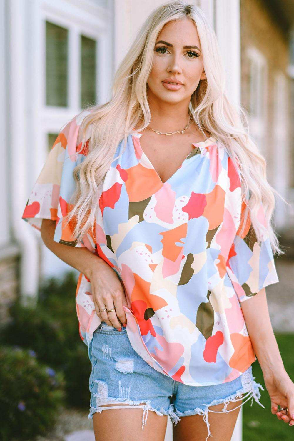 Printed Notched Neck Half Sleeve Blouse - Trendsi - Flyclothing LLC