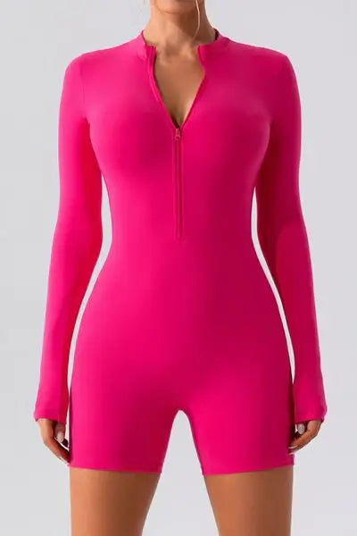Half Zip Long Sleeve Active Romper - Trendsi - Flyclothing LLC