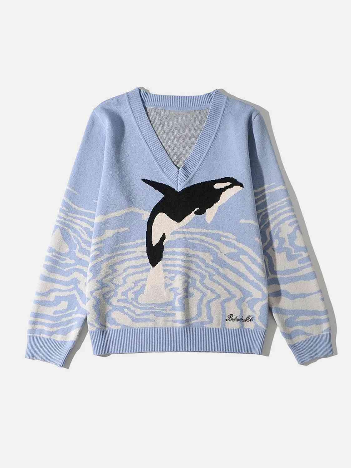 Printed V-Neck Long Sleeve Sweater - Trendsi