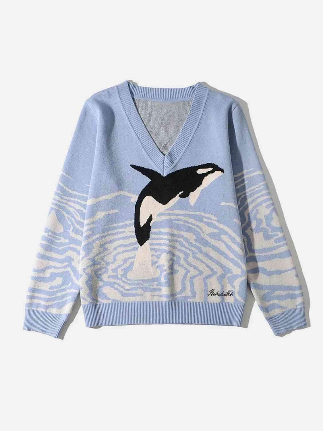Printed V-Neck Long Sleeve Sweater - Trendsi - Flyclothing LLC
