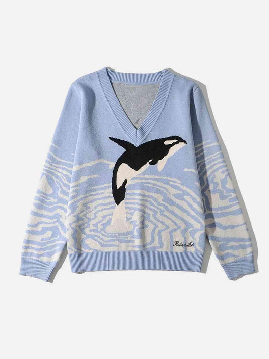 Printed V-Neck Long Sleeve Sweater - Trendsi