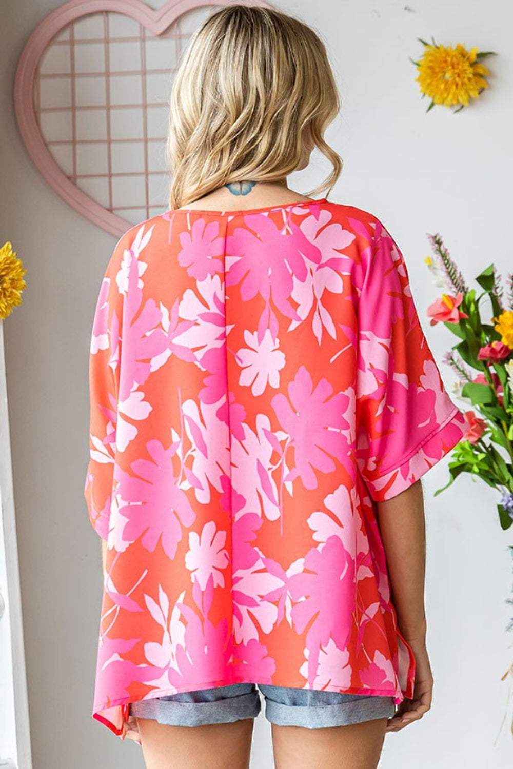 First Love Slit Printed Round Neck Half Sleeve Blouse - Trendsi - Flyclothing LLC