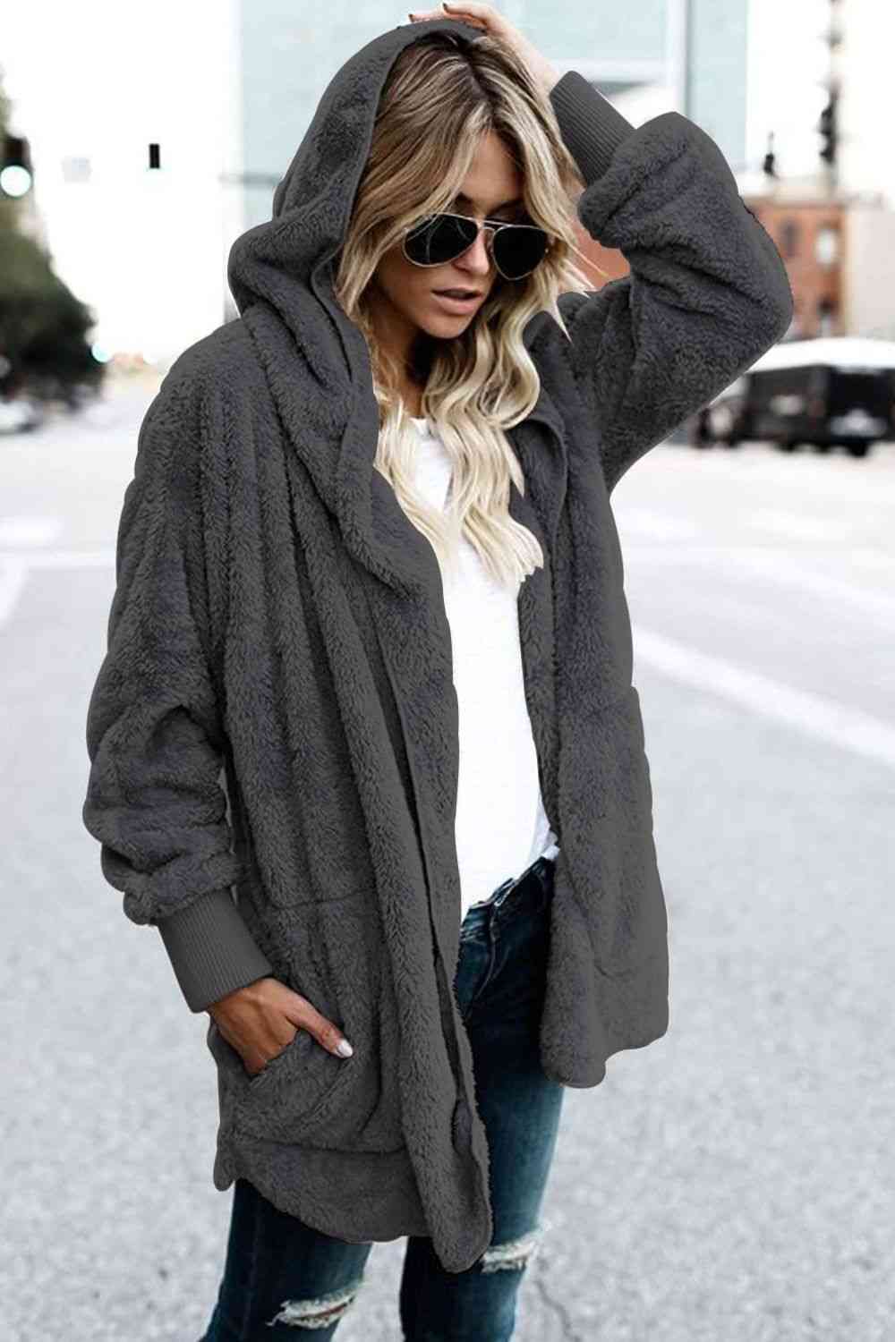 Teddy Hooded Jacket with Pockets - Trendsi - Flyclothing LLC