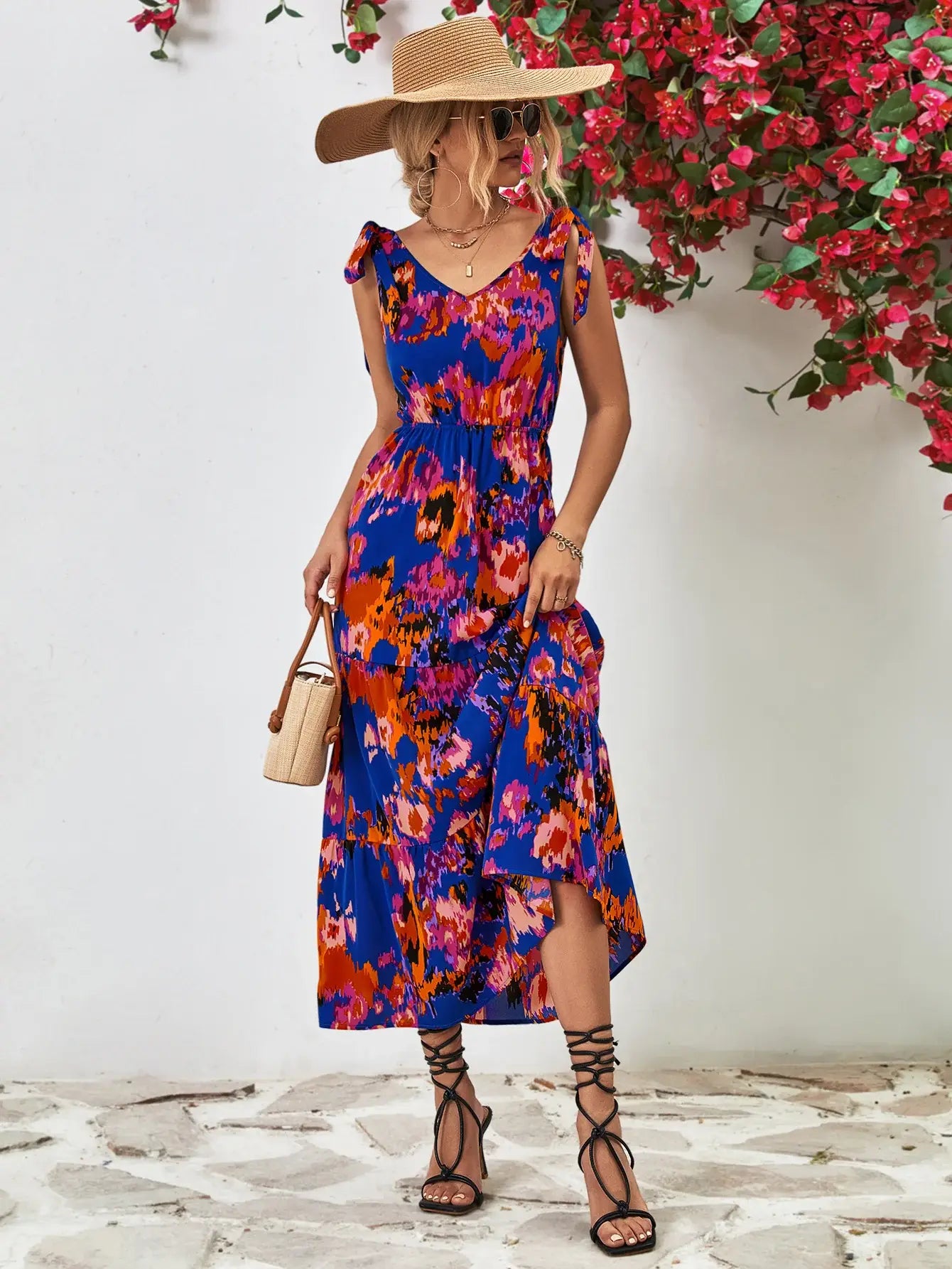 Multicolored V-Neck Backless Midi Dress - Trendsi - Flyclothing LLC