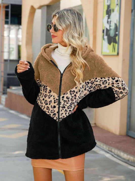 Leopard Color Block Hooded Teddy Jacket - Trendsi
