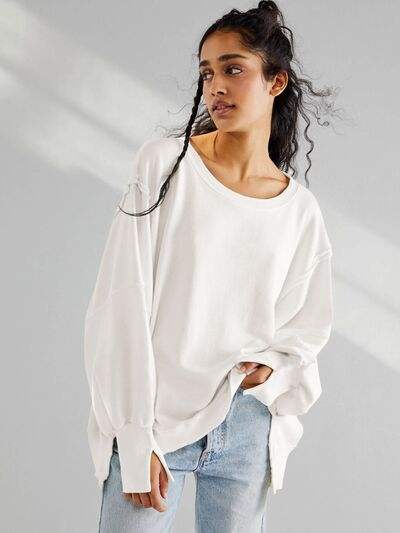 Slit Round Neck Dropped Shoulder T-Shirt - Trendsi - Flyclothing LLC