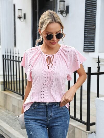 Eyelet Tie Neck Flutter Sleeve Blouse - Trendsi