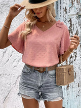 Swiss Dot Shoulder Detail V-Neck Blouse - Trendsi - Flyclothing LLC