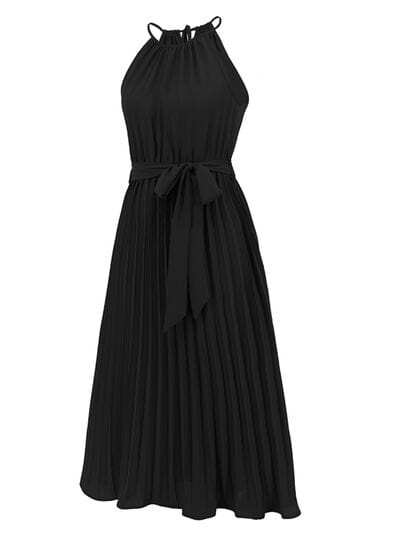 Pleated Spaghetti Strap Tie Waist Midi Dress - Trendsi - Flyclothing LLC