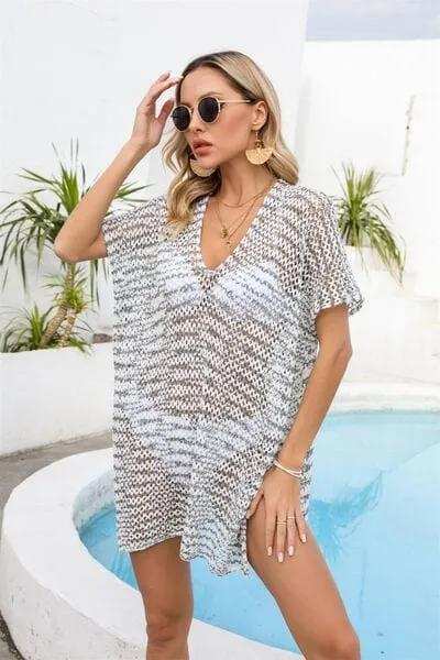 Openwork V-Neck Short Sleeve Cover Up - Trendsi - Flyclothing LLC