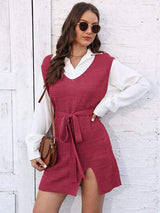 Tie Front V-Neck Sleeveless Slit Sweater Dress - Trendsi - Flyclothing LLC