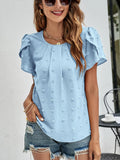Swiss Dot Round Neck Petal Sleeve Top - Trendsi