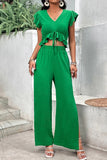 V-Neck Ruffle Hem Top and Slit Pants Set - Flyclothing LLC