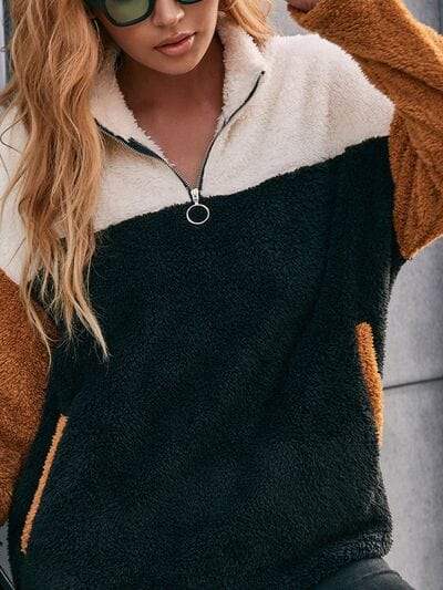 Color Block Quarter Zip Dropped Shoulder Sweatshirt - Trendsi - Flyclothing LLC