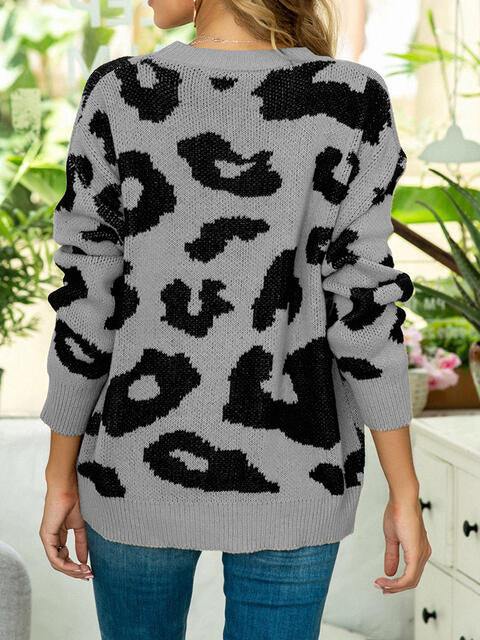 Drop Shoulder Leopard Pullover Sweater - Trendsi