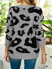 Drop Shoulder Leopard Pullover Sweater - Trendsi