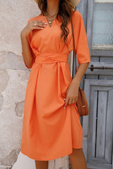 Notched Neck Half Sleeve Midi Dress - Trendsi